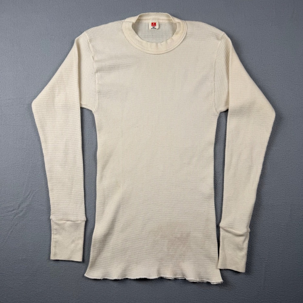 Vintage 80's Hanes Thermal Shirt Mens Medium Cream Waffle Knit Base Layer